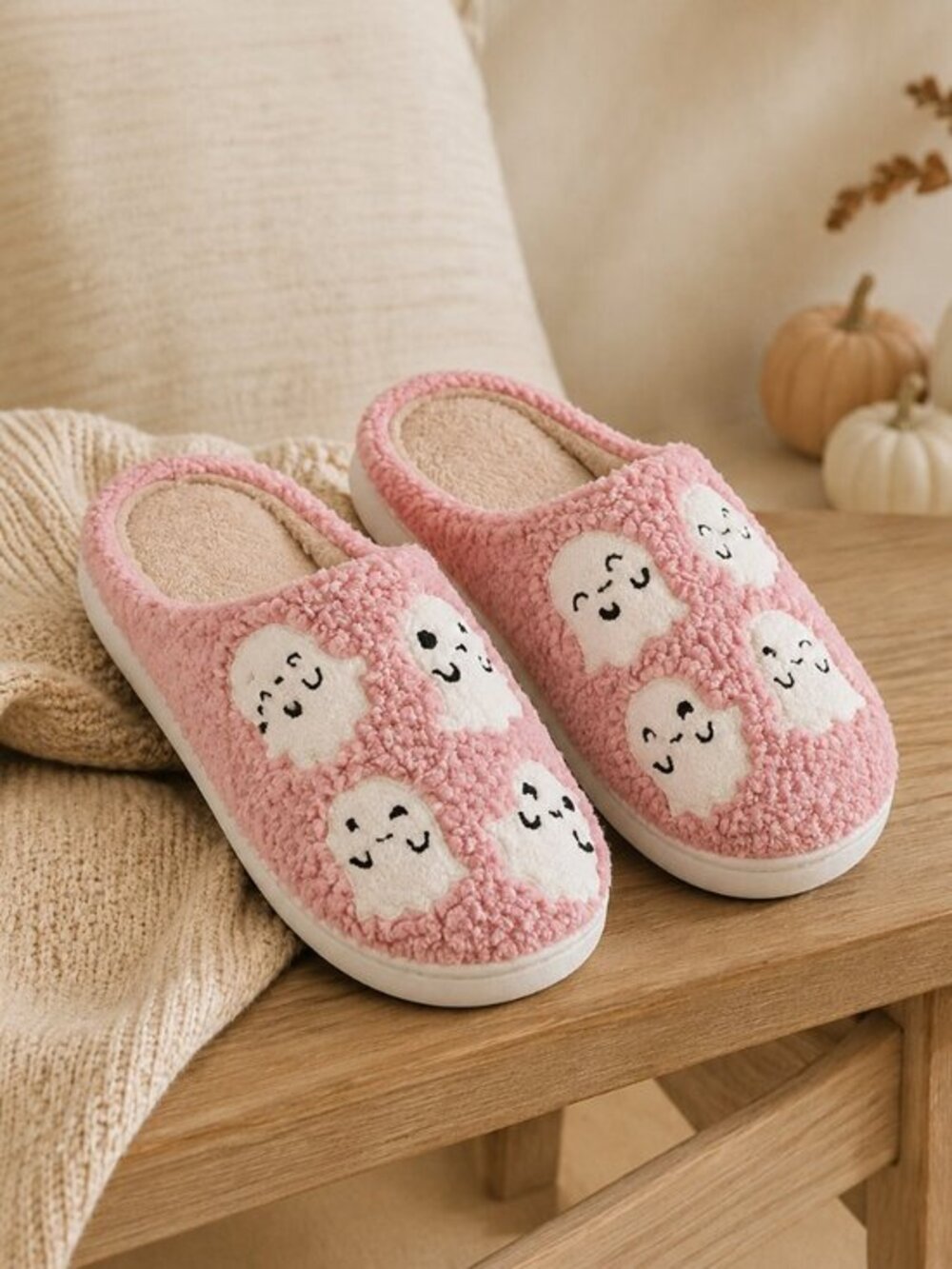 Pink Ghost Slippers Women’s Size 7-8 Plush Halloween House Shoes NWT